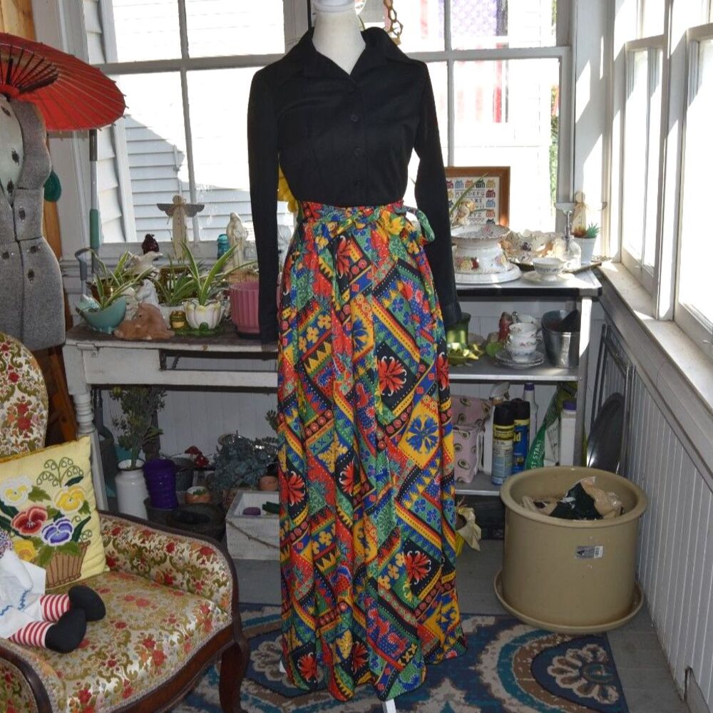 Vintage 70s Lois Young Dallas Folk Art Patchwork Maxi Shirt Dress S